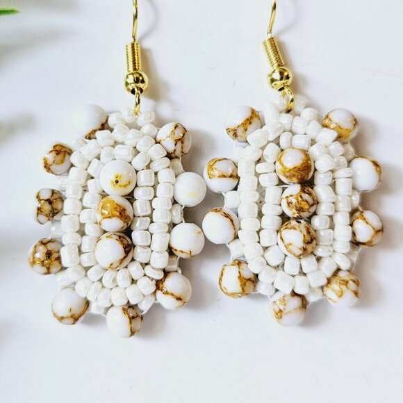 2/$27 | Tan Marble Shield Beaded Indigenous Hoop Earrings | Handmade - Picture 1 of 5
